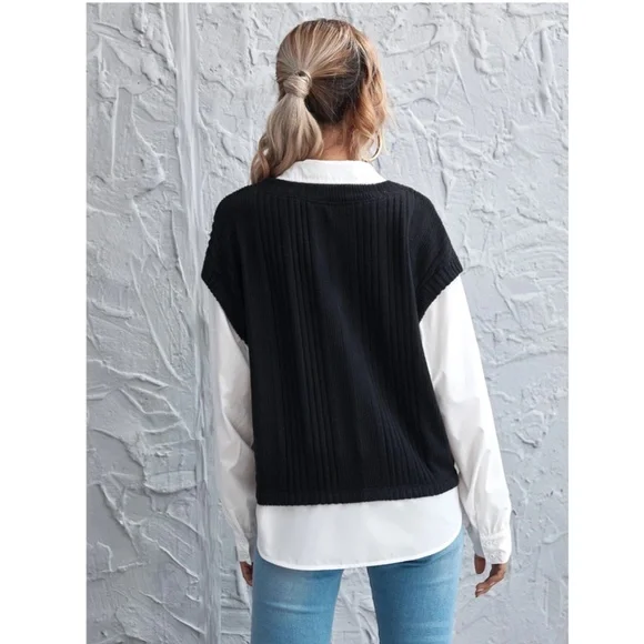 2 in 1 Black Knit Vest On White Button Up Shirt - Picture 2 of 12